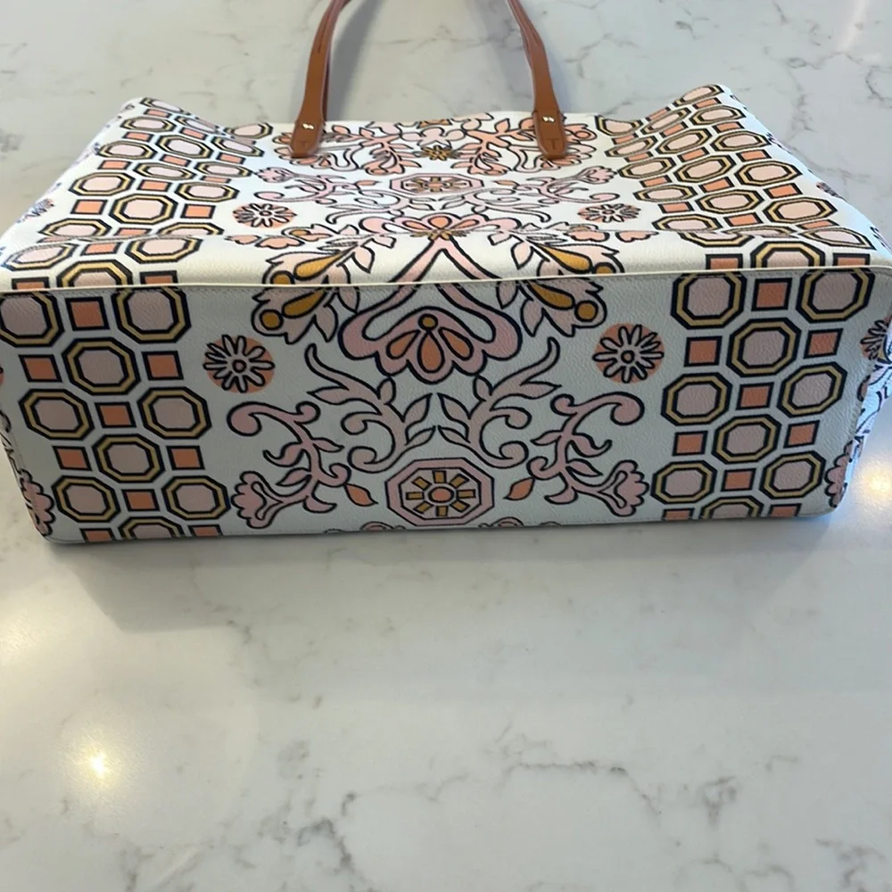 Tory Burch White, Tan & Yellow Printed Tote
